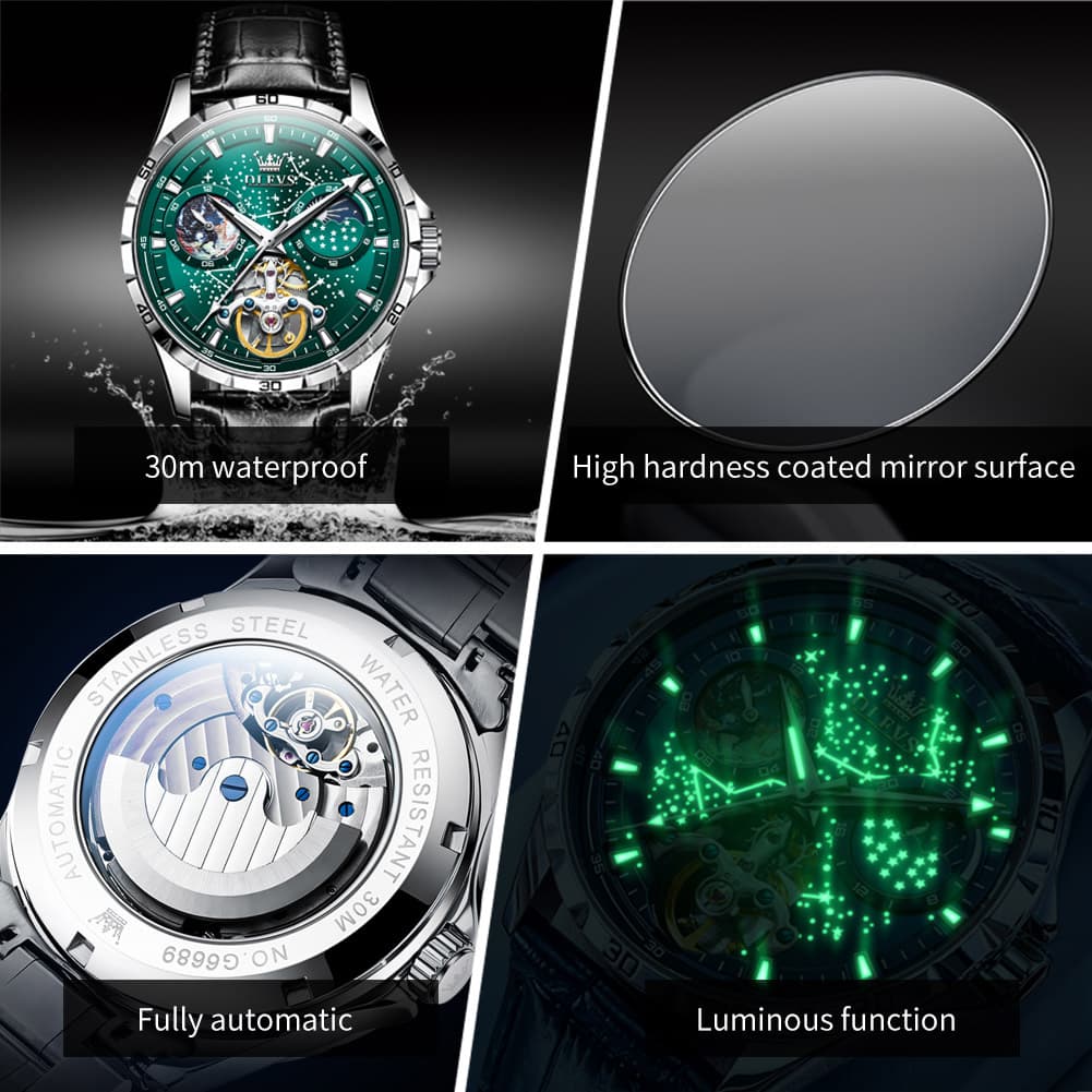 OLEVS 6689 Automatic Skeleton Starry Sky Leather Steel Watch for Men - Green Leather Green Watch | Olevs Watch Store
