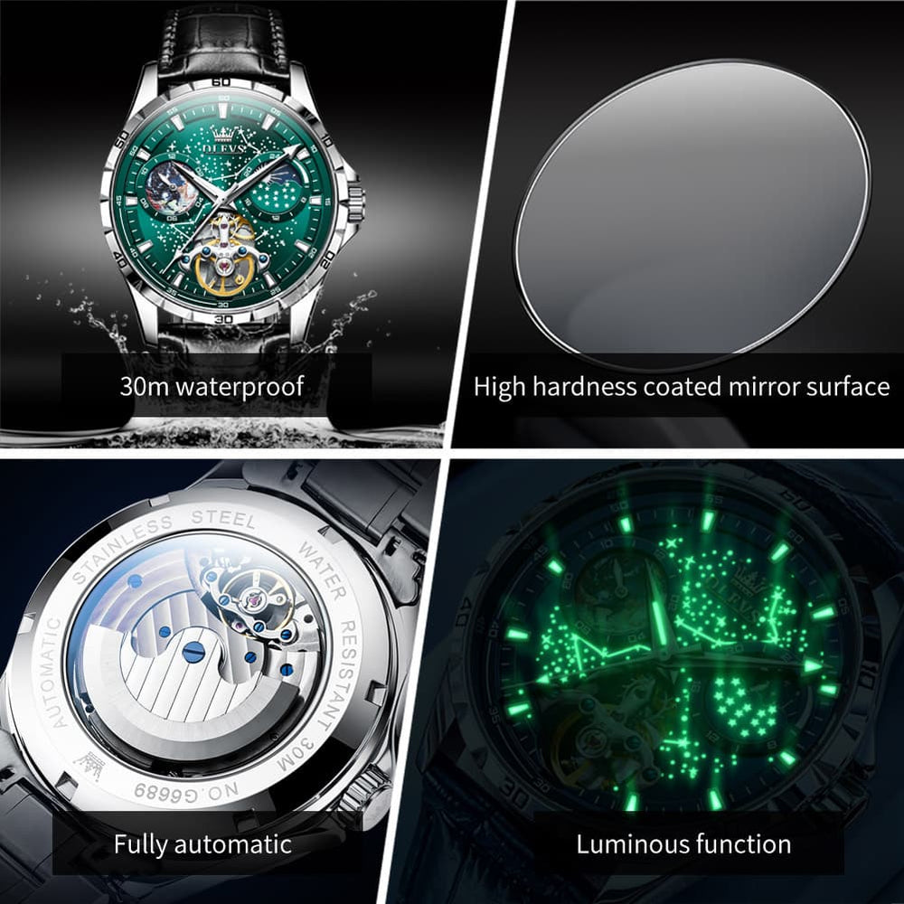 OLEVS 6689 Automatic Skeleton Starry Sky Leather Steel Watch for Men - Green Leather Green Watch | Olevs Watch Store