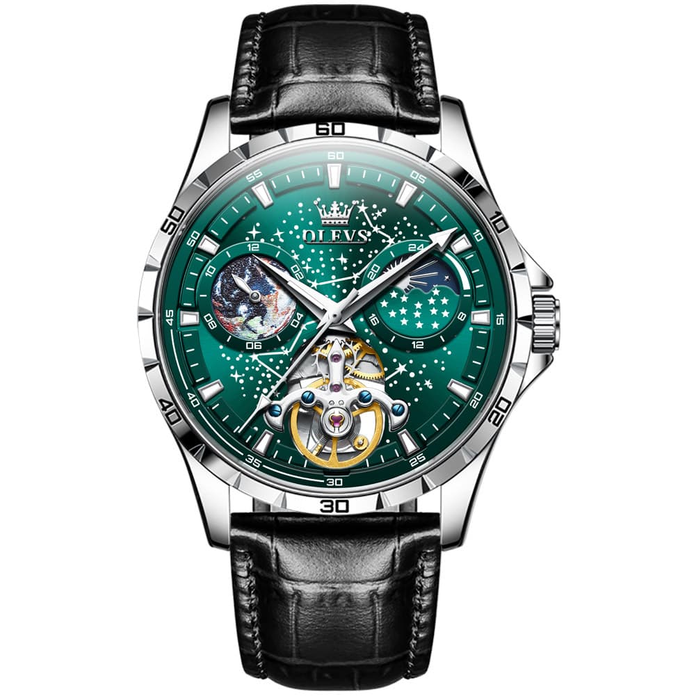 OLEVS 6689 Automatic Skeleton Starry Sky Leather Steel Watch for Men - Green Leather Green Watch | Olevs Watch Store