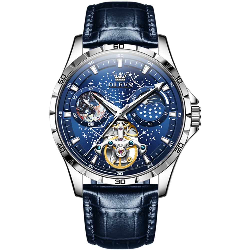 OLEVS 6689 Automatic Skeleton Starry Sky Leather Steel Watch for Men - Green Leather Green Watch | Olevs Watch Store