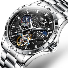 OLEVS 6689 Automatic Skeleton Starry Sky Leather Steel Watch for Men - Steel Black Watch | Olevs Watch Store