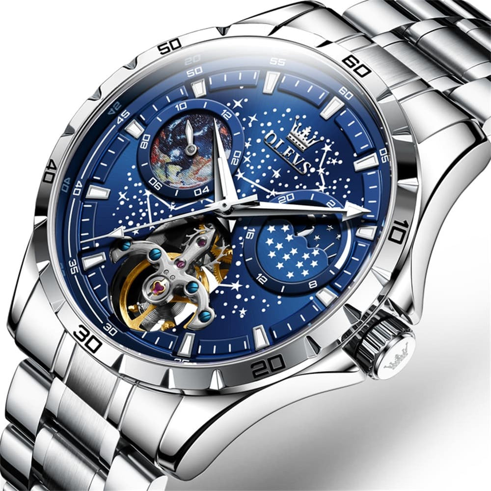 OLEVS 6689 Automatic Skeleton Starry Sky Leather Steel Watch for Men - Steel Blue Watch | Olevs Watch Store