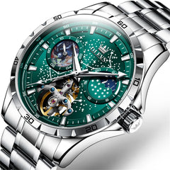 OLEVS 6689 Automatic Skeleton Starry Sky Leather Steel Watch for Men - Steel Green Watch | Olevs Watch Store