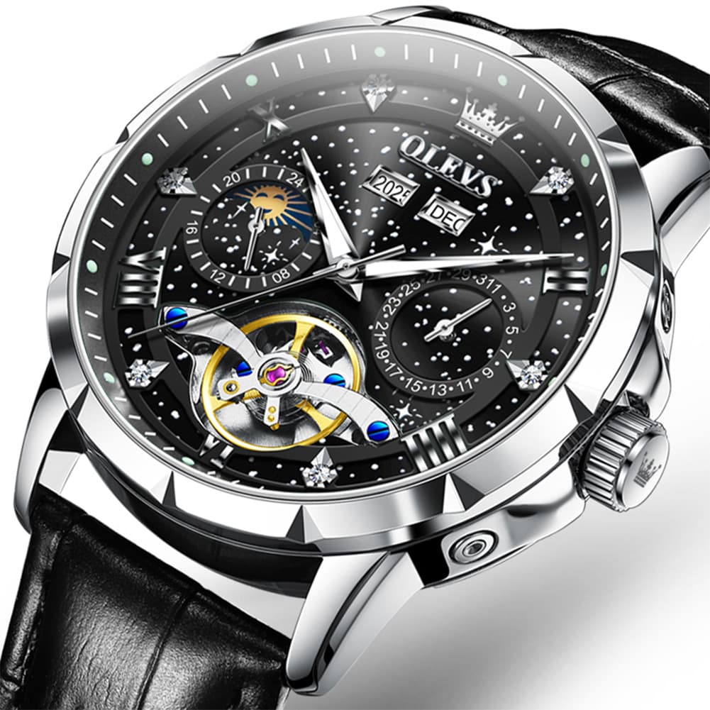 OLEVS 6690 Automatic Skeleton Starry Sky Steel Leather Watch for Men - Black Leather Black Watch | Olevs Watch Store