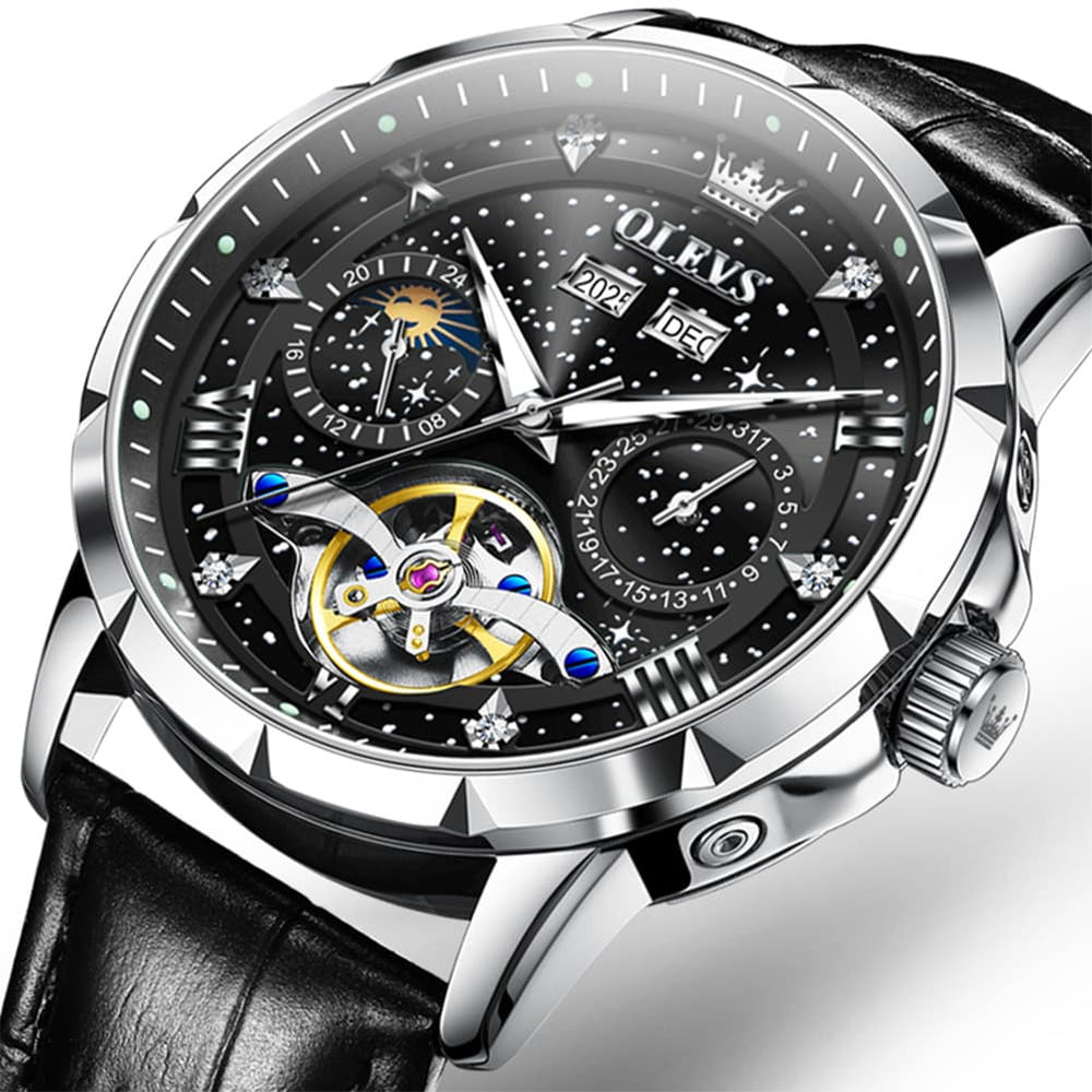OLEVS 6690 Automatic Skeleton Starry Sky Steel Leather Watch for Men - Black Leather Black Watch | Olevs Watch Store