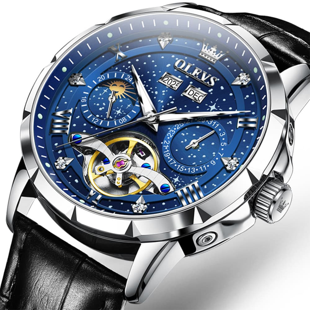 OLEVS 6690 Automatic Skeleton Starry Sky Steel Leather Watch for Men - Black Leather Blue Watch | Olevs Watch Store
