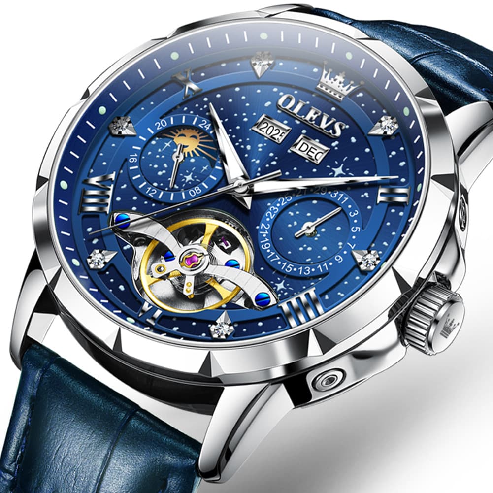 OLEVS 6690 Automatic Skeleton Starry Sky Steel Leather Watch for Men - Blue Leather Blue Watch | Olevs Watch Store