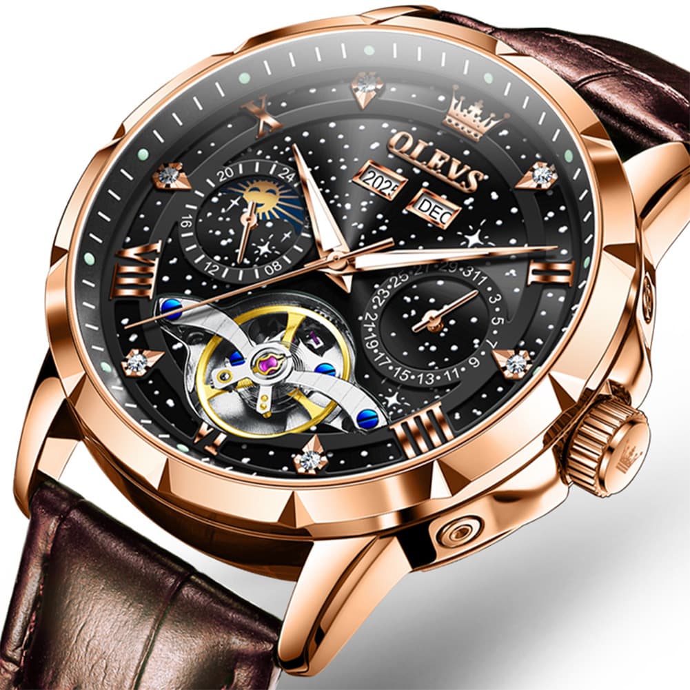 OLEVS 6690 Automatic Skeleton Starry Sky Steel Leather Watch for Men - Brown Leather Black Watch | Olevs Watch Store
