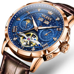 OLEVS 6690 Automatic Skeleton Starry Sky Steel Leather Watch for Men - Brown Leather Blue Watch | Olevs Watch Store