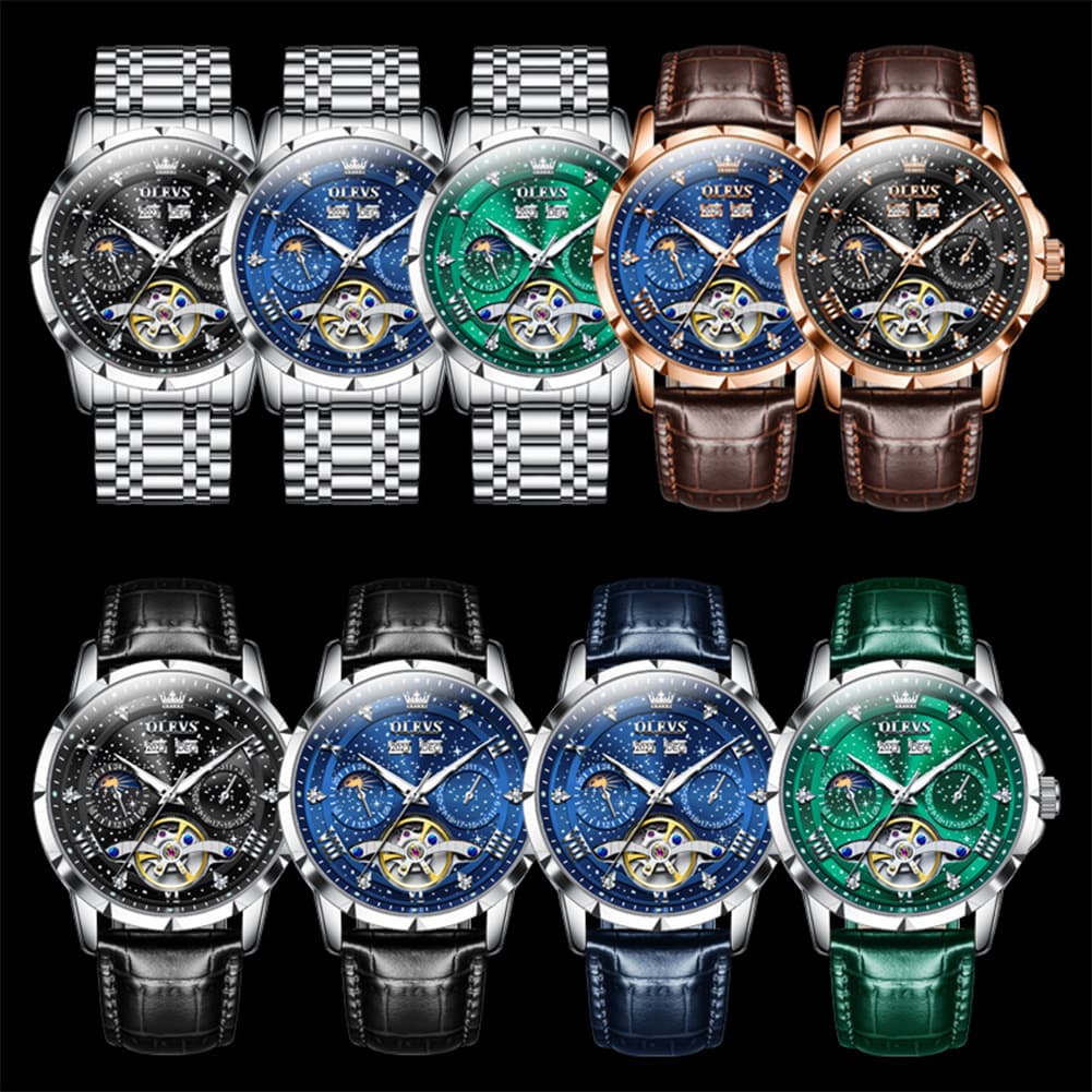 OLEVS 6690 Automatic Skeleton Starry Sky Steel Leather Watch for Men - Green Leather Green Watch | Olevs Watch Store