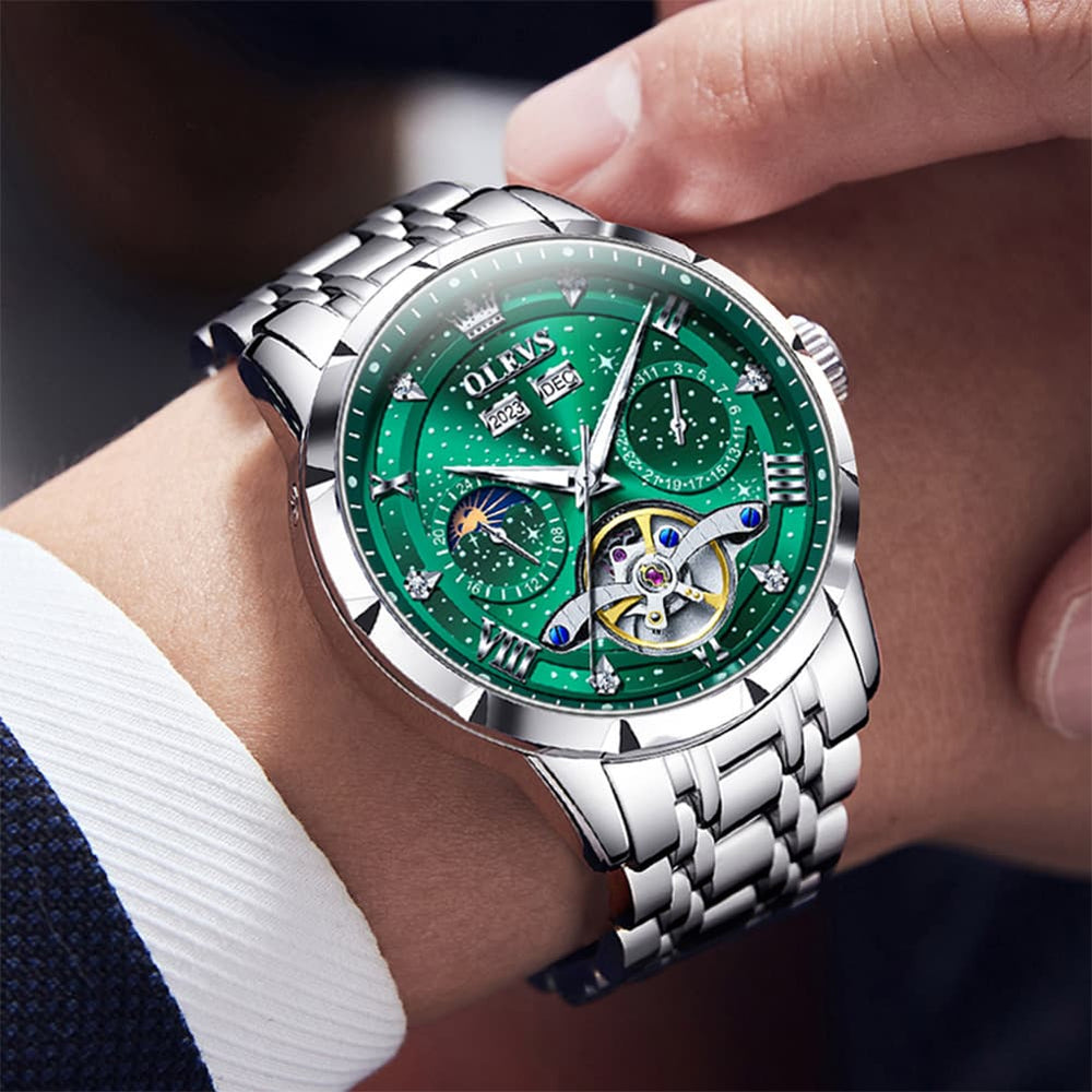 OLEVS 6690 Automatic Skeleton Starry Sky Steel Leather Watch for Men - Green Leather Green Watch | Olevs Watch Store