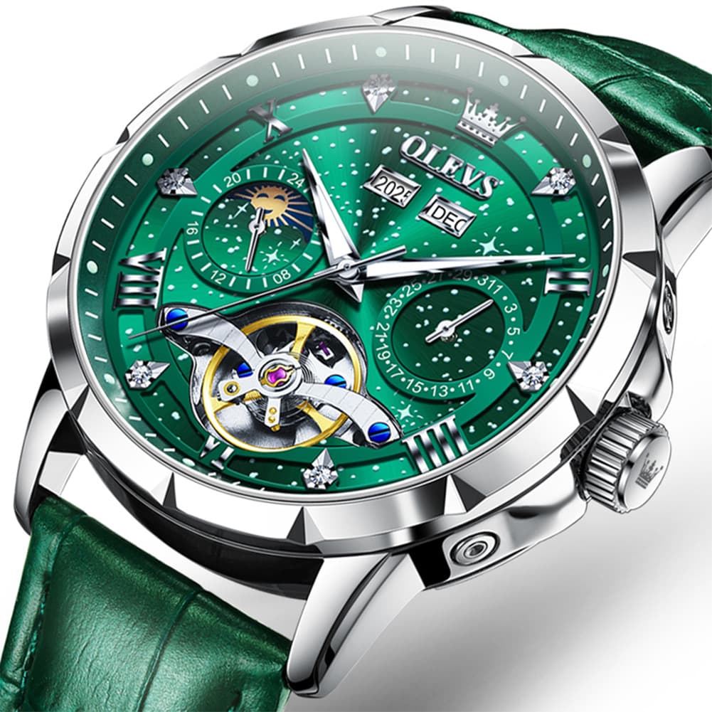 OLEVS 6690 Automatic Skeleton Starry Sky Steel Leather Watch for Men - Green Leather Green Watch | Olevs Watch Store