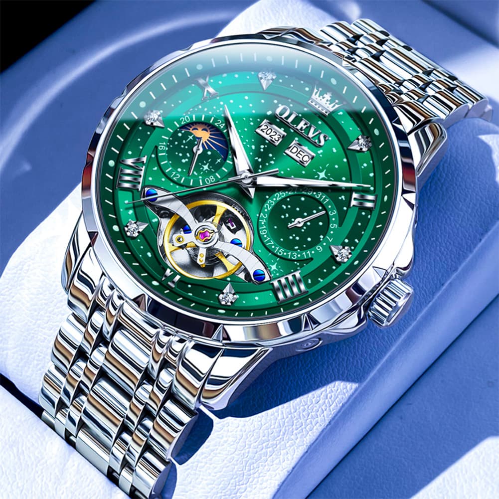 OLEVS 6690 Automatic Skeleton Starry Sky Steel Leather Watch for Men - Green Leather Green Watch | Olevs Watch Store