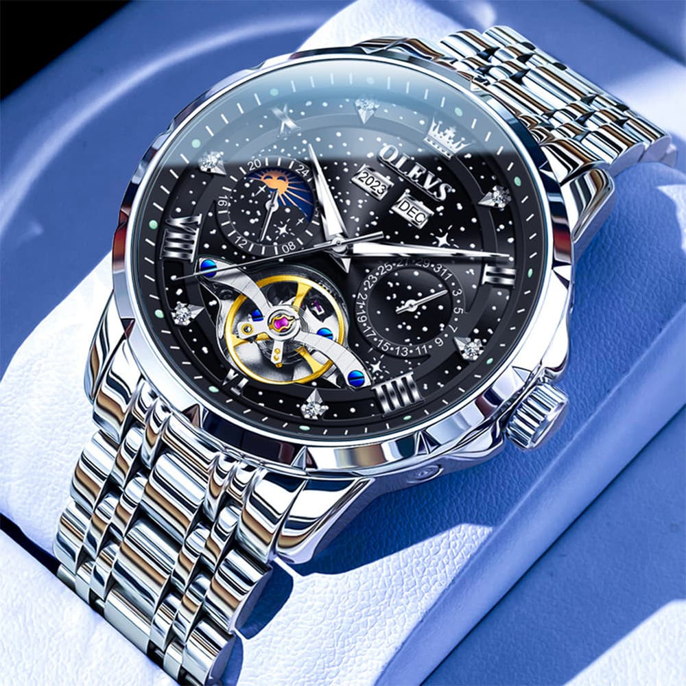 OLEVS 6690 Automatic Skeleton Starry Sky Steel Leather Watch for Men - Green Leather Green Watch | Olevs Watch Store