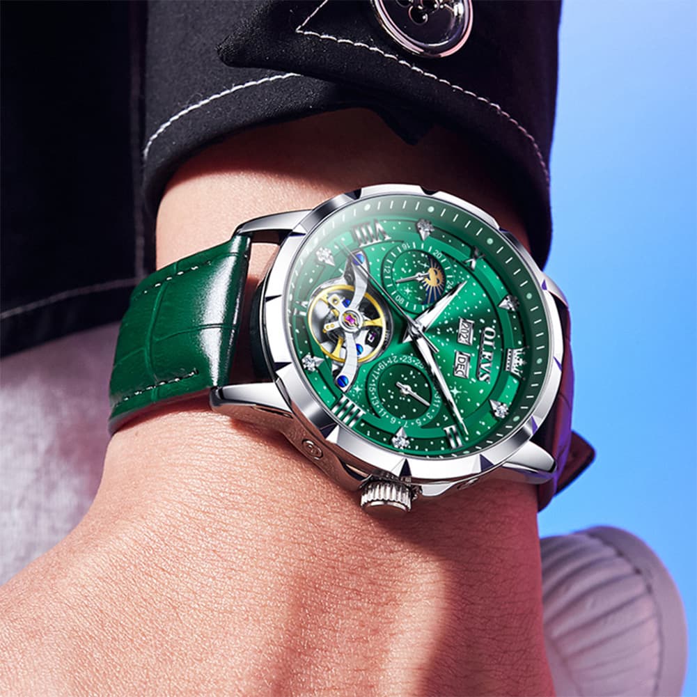 OLEVS 6690 Automatic Skeleton Starry Sky Steel Leather Watch for Men - Green Leather Green Watch | Olevs Watch Store