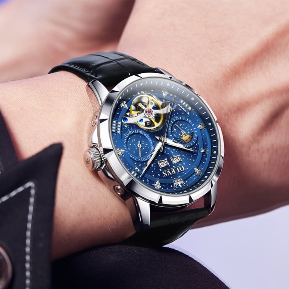 OLEVS 6690 Automatic Skeleton Starry Sky Steel Leather Watch for Men - Green Leather Green Watch | Olevs Watch Store