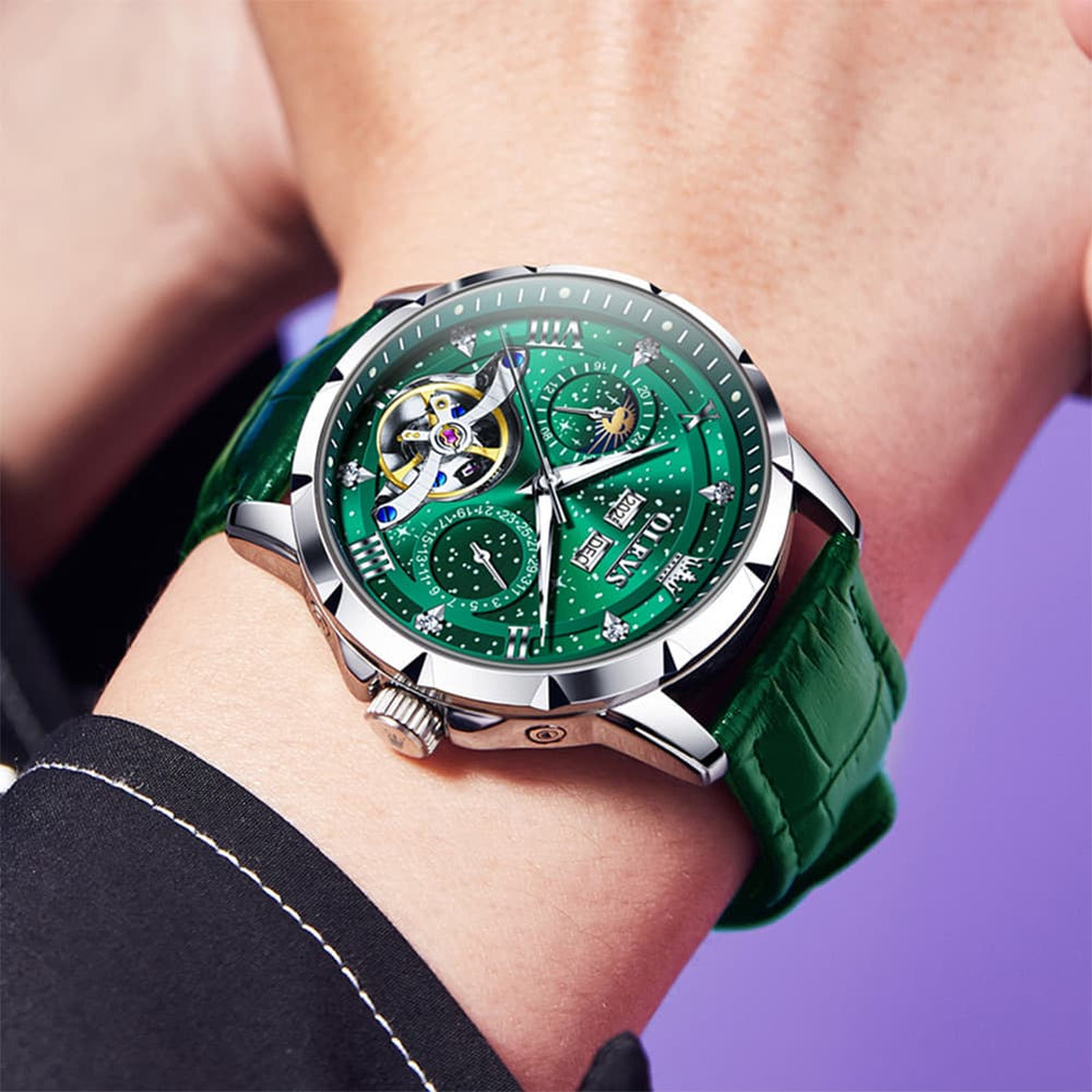 OLEVS 6690 Automatic Skeleton Starry Sky Steel Leather Watch for Men - Green Leather Green Watch | Olevs Watch Store