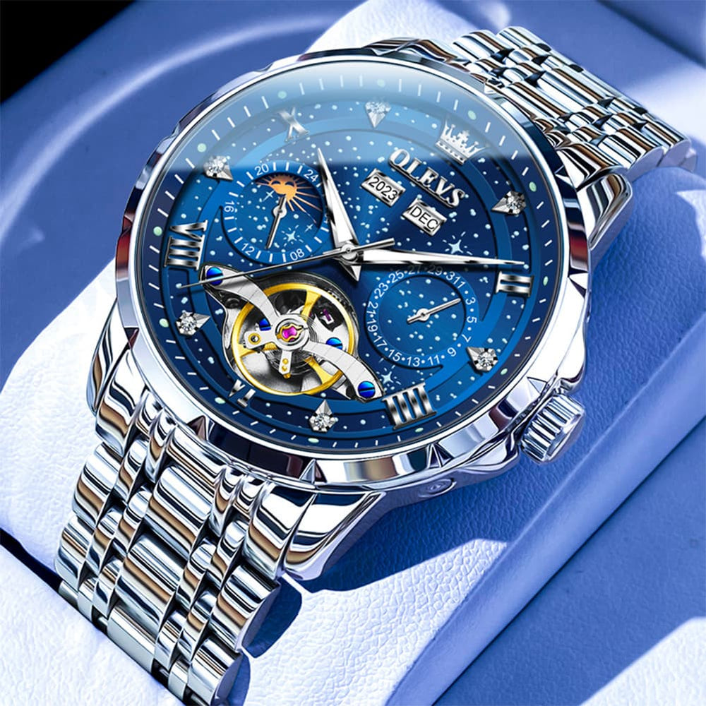 OLEVS 6690 Automatic Skeleton Starry Sky Steel Leather Watch for Men - Green Leather Green Watch | Olevs Watch Store