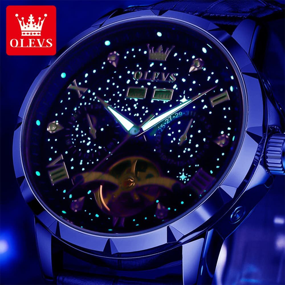 OLEVS 6690 Automatic Skeleton Starry Sky Steel Leather Watch for Men - Green Leather Green Watch | Olevs Watch Store