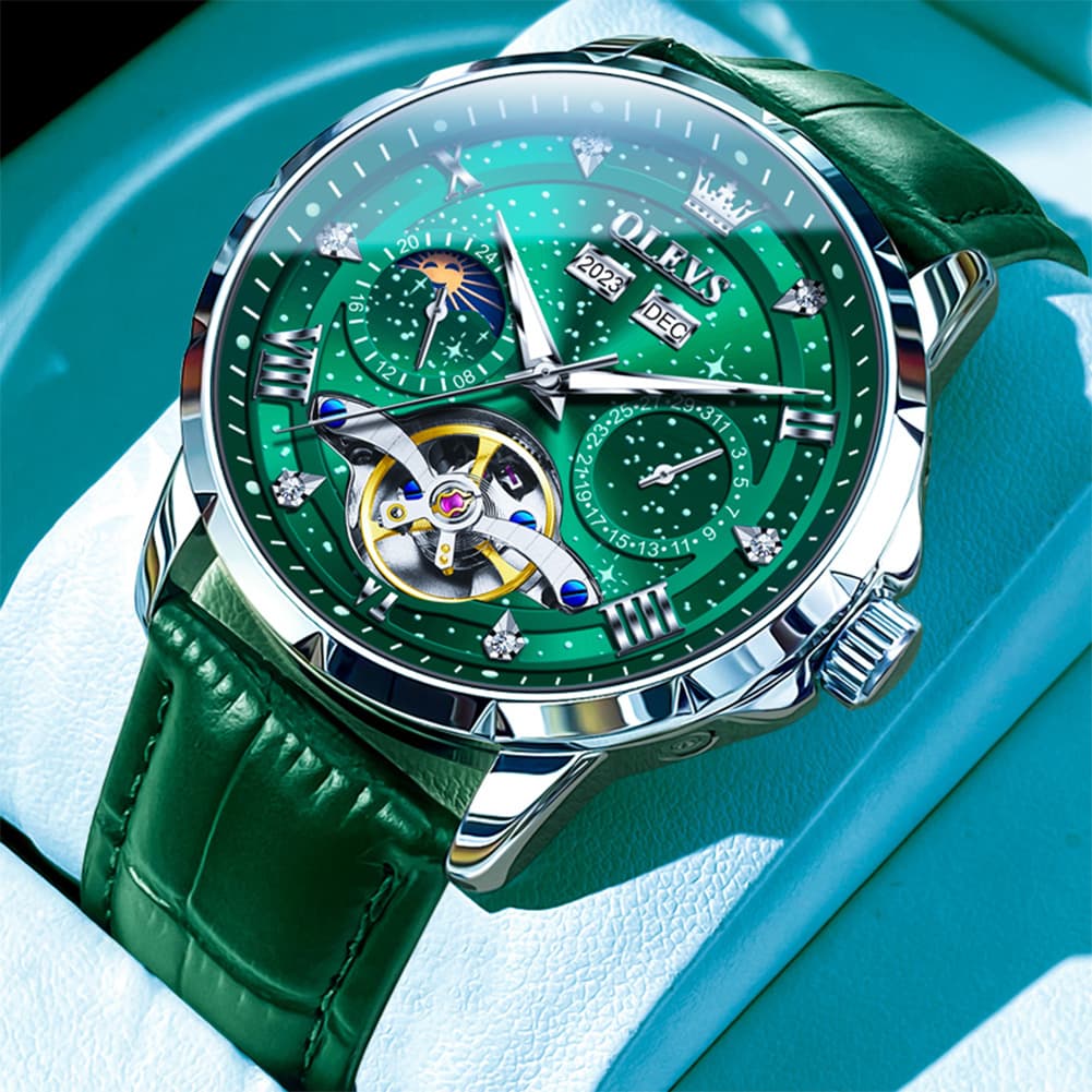 OLEVS 6690 Automatic Skeleton Starry Sky Steel Leather Watch for Men - Green Leather Green Watch | Olevs Watch Store