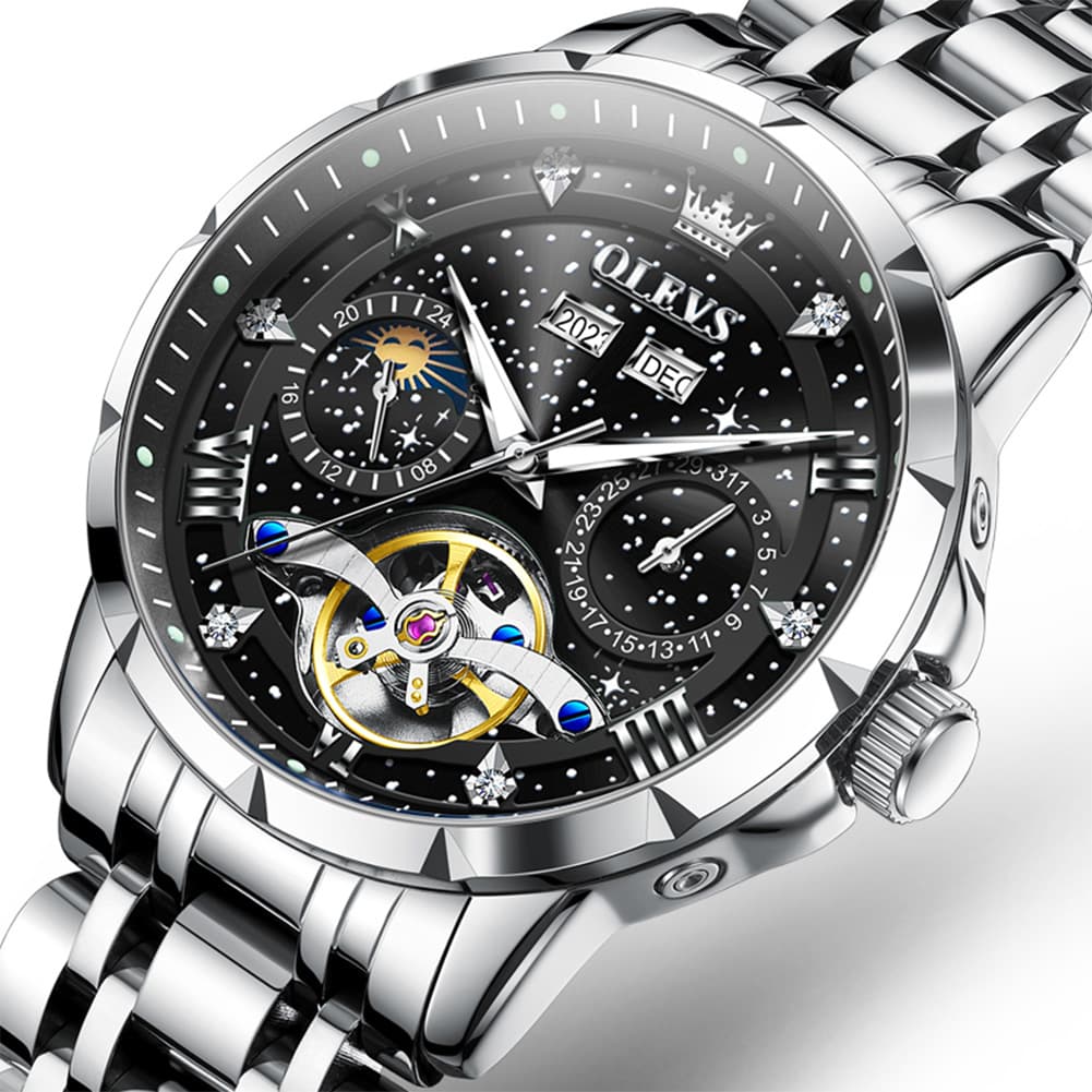 OLEVS 6690 Automatic Skeleton Starry Sky Steel Leather Watch for Men - Steel Black Watch | Olevs Watch Store