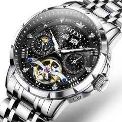 OLEVS 6690 Automatic Skeleton Starry Sky Steel Leather Watch for Men - Steel Black Watch | Olevs Watch Store