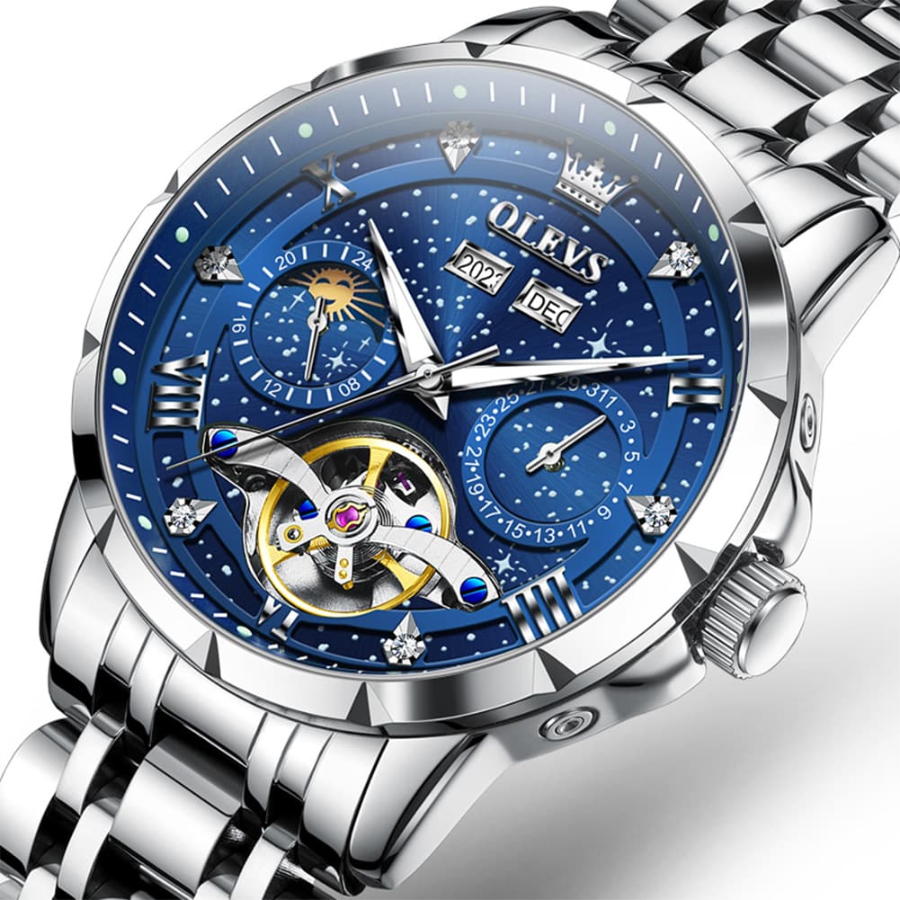 OLEVS 6690 Automatic Skeleton Starry Sky Steel Leather Watch for Men - Steel Blue Watch | Olevs Watch Store