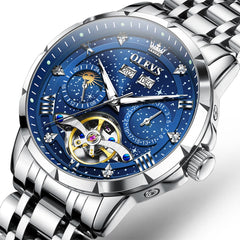 OLEVS 6690 Automatic Skeleton Starry Sky Steel Leather Watch for Men - Steel Blue Watch | Olevs Watch Store