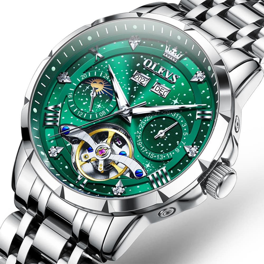 OLEVS 6690 Automatic Skeleton Starry Sky Steel Leather Watch for Men - Steel Green Watch | Olevs Watch Store
