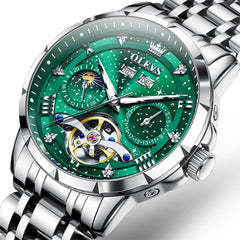 OLEVS 6690 Automatic Skeleton Starry Sky Steel Leather Watch for Men - Steel Green Watch | Olevs Watch Store