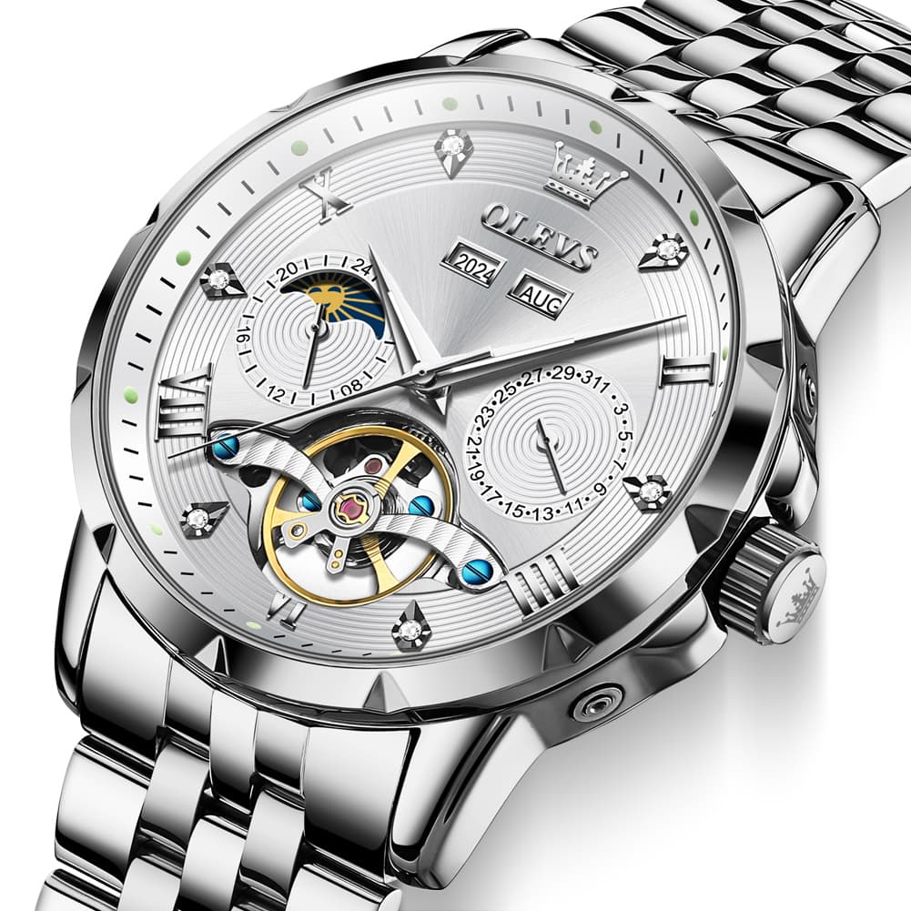 OLEVS 6691 Automatic Moon Phase Skeleton Steel Watch for Men - All Black Watch | Olevs Watch Store