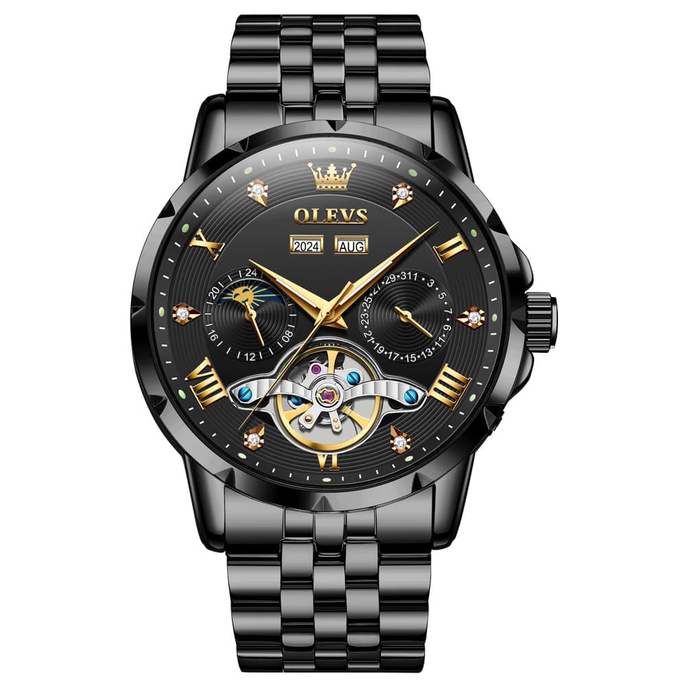 OLEVS 6691 Automatic Moon Phase Skeleton Steel Watch for Men - All Black Watch | Olevs Watch Store