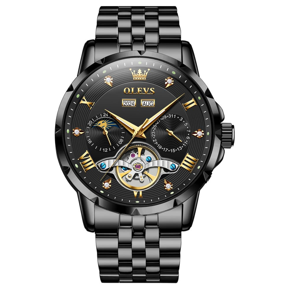 OLEVS 6691 Automatic Moon Phase Skeleton Steel Watch for Men - All Black Watch | Olevs Watch Store
