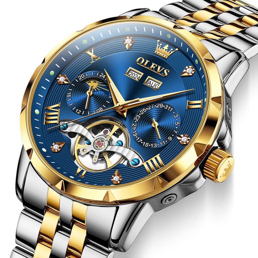 OLEVS 6691 Automatic Moon Phase Skeleton Steel Watch for Men - All Black Watch | Olevs Watch Store