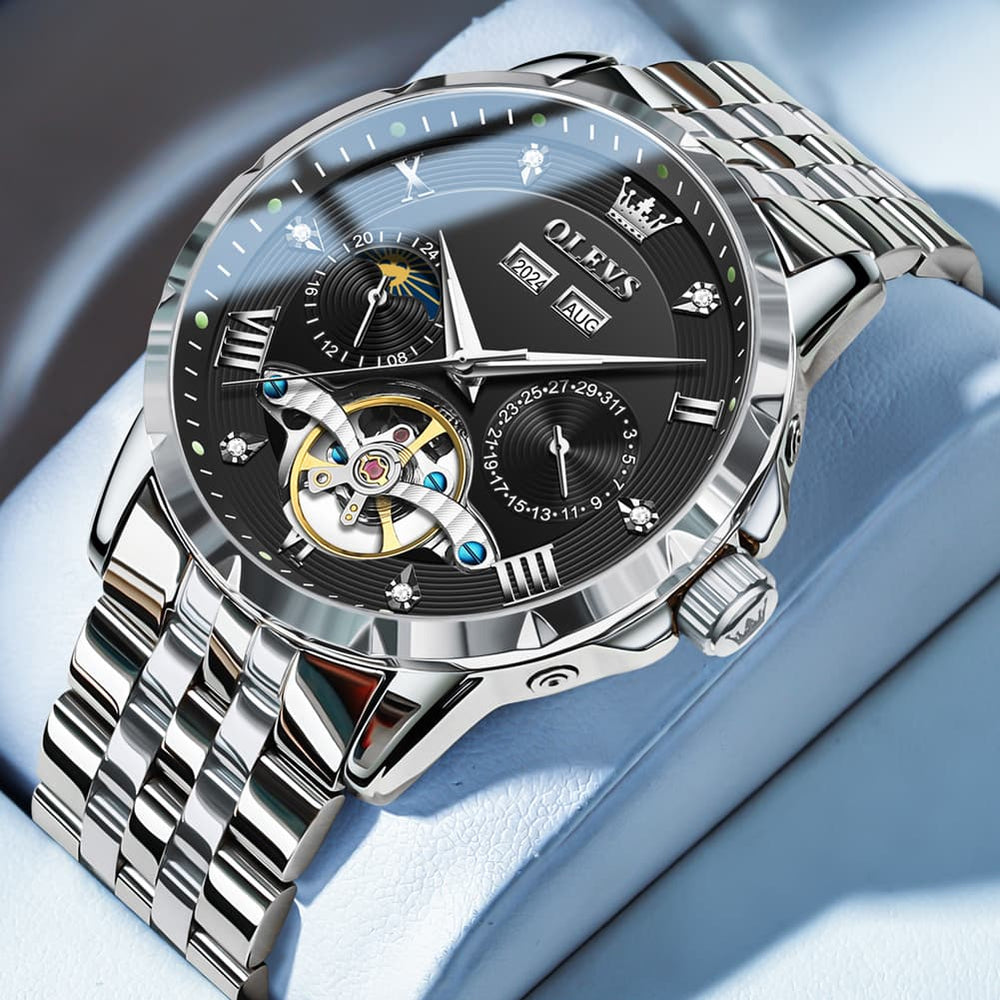 OLEVS 6691 Automatic Moon Phase Skeleton Steel Watch for Men - All Black Watch | Olevs Watch Store