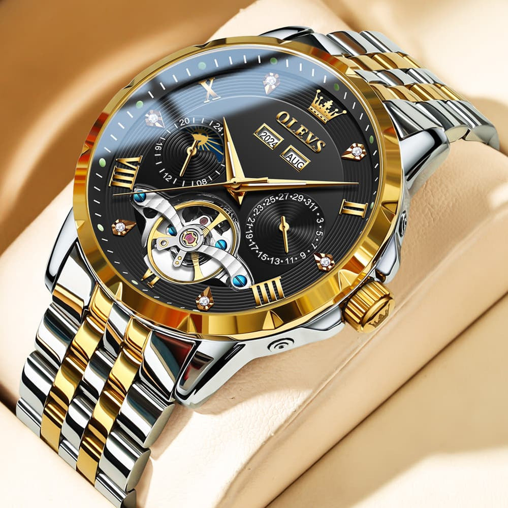 OLEVS 6691 Automatic Moon Phase Skeleton Steel Watch for Men - All Black Watch | Olevs Watch Store