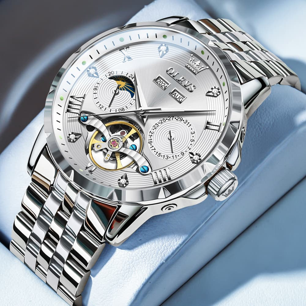OLEVS 6691 Automatic Moon Phase Skeleton Steel Watch for Men - All Black Watch | Olevs Watch Store