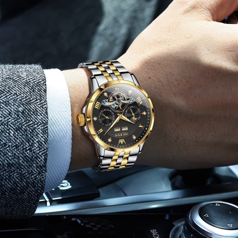 OLEVS 6691 Automatic Moon Phase Skeleton Steel Watch for Men - All Black Watch | Olevs Watch Store