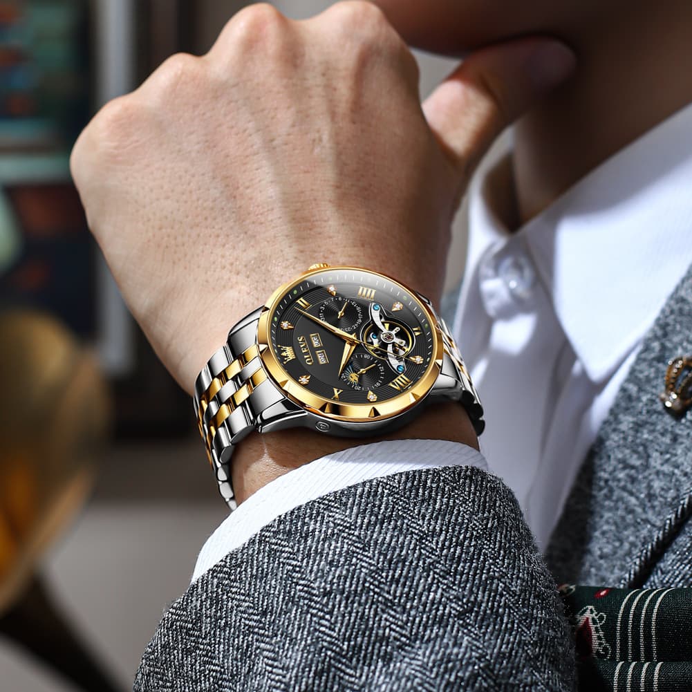 OLEVS 6691 Automatic Moon Phase Skeleton Steel Watch for Men - All Black Watch | Olevs Watch Store
