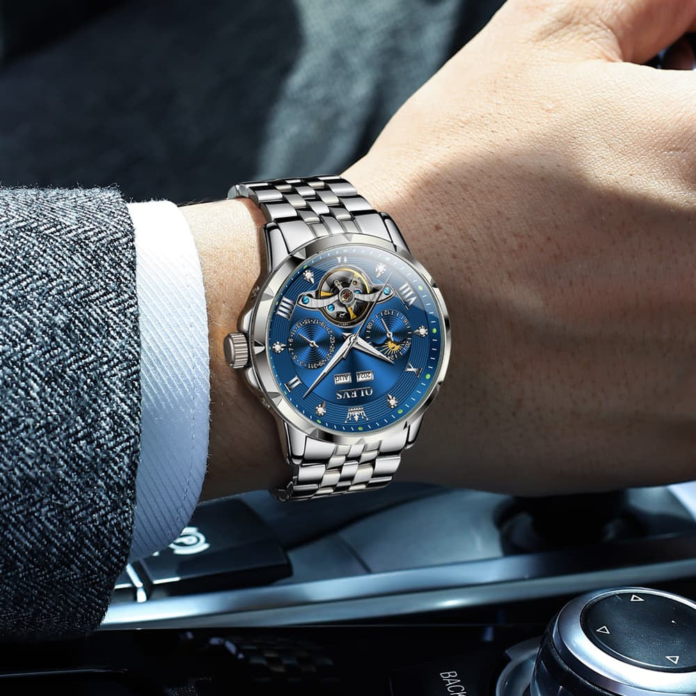 OLEVS 6691 Automatic Moon Phase Skeleton Steel Watch for Men - All Black Watch | Olevs Watch Store