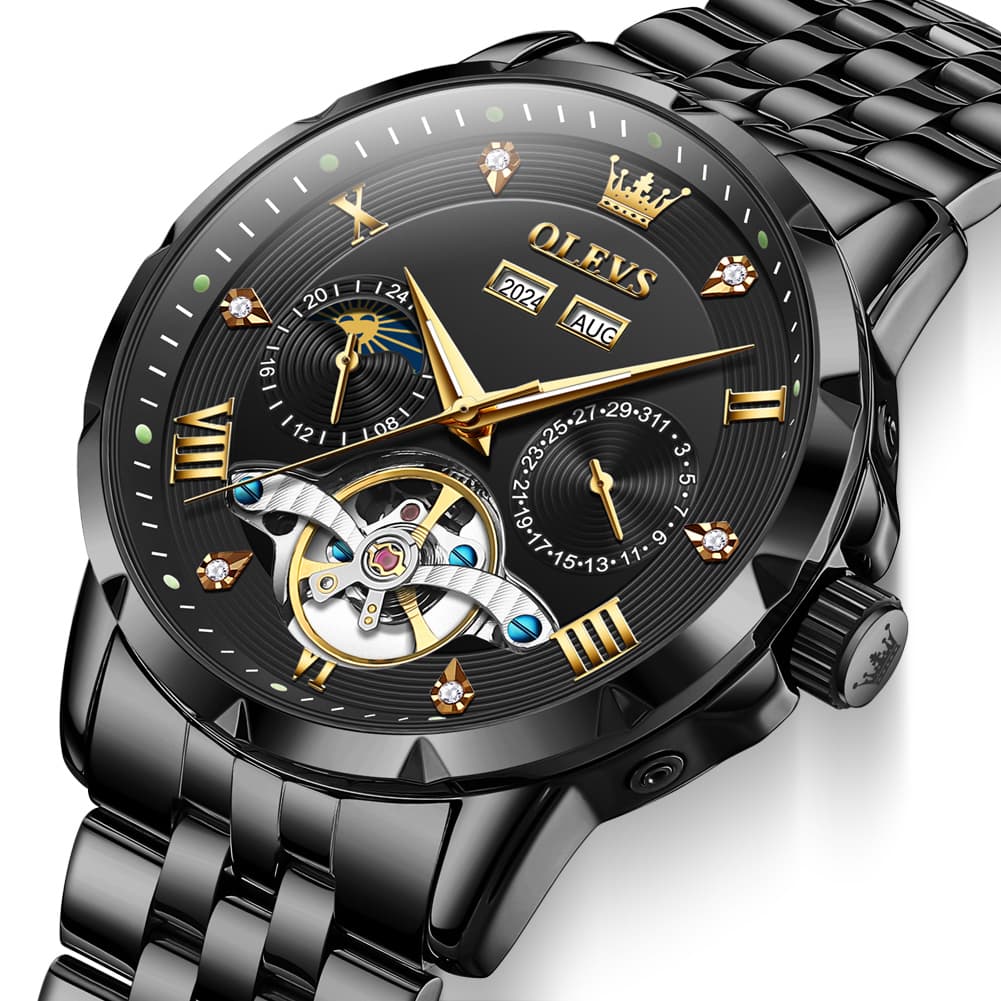 OLEVS 6691 Automatic Moon Phase Skeleton Steel Watch for Men - All Black Watch | Olevs Watch Store