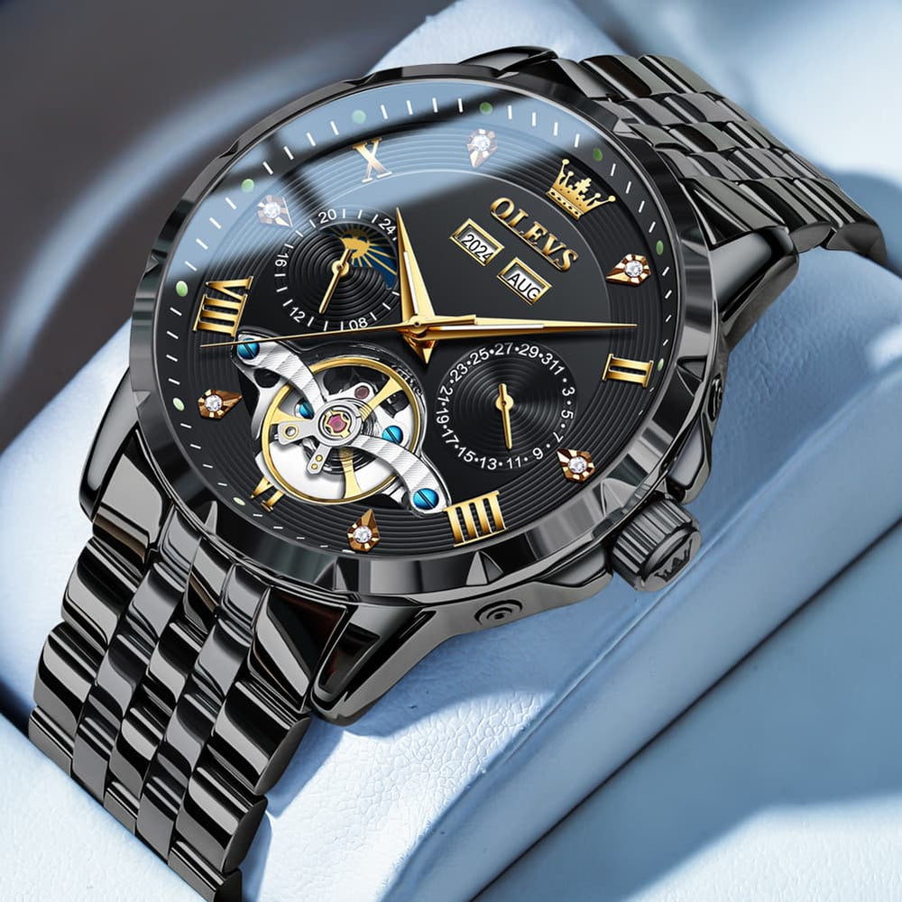 OLEVS 6691 Automatic Moon Phase Skeleton Steel Watch for Men - All Black Watch | Olevs Watch Store