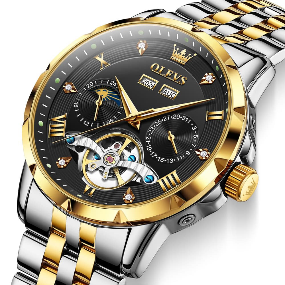 OLEVS 6691 Automatic Moon Phase Skeleton Steel Watch for Men - All Black Watch | Olevs Watch Store