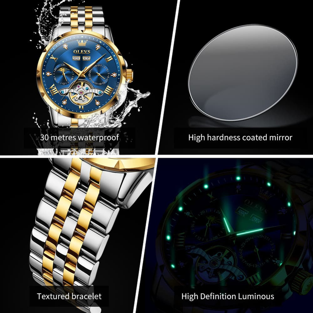 OLEVS 6691 Automatic Moon Phase Skeleton Steel Watch for Men - All Black Watch | Olevs Watch Store