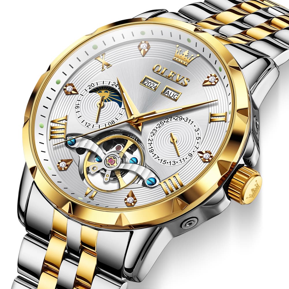OLEVS 6691 Automatic Moon Phase Skeleton Steel Watch for Men - All Black Watch | Olevs Watch Store