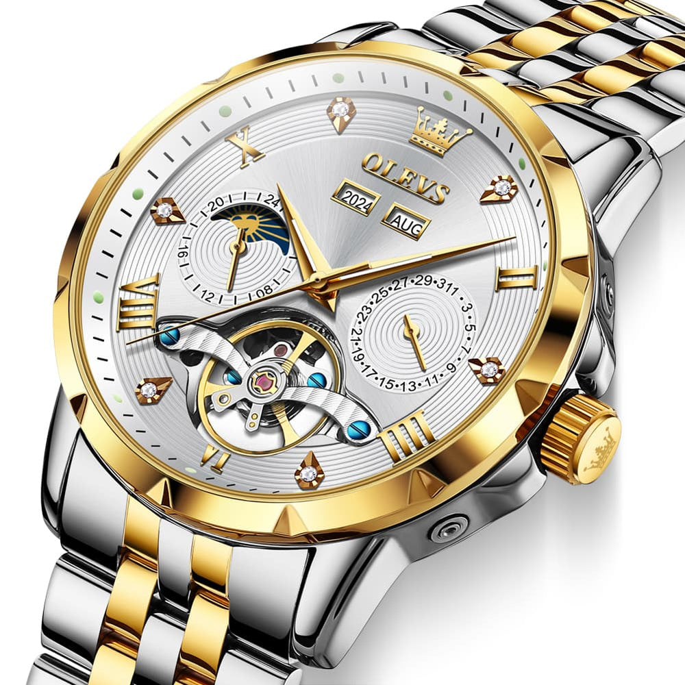 OLEVS 6691 Automatic Moon Phase Skeleton Steel Watch for Men - All Black Watch | Olevs Watch Store