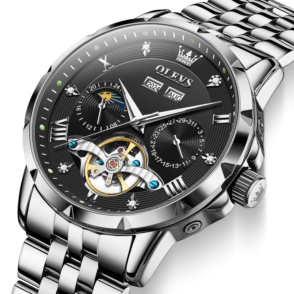 OLEVS 6691 Automatic Moon Phase Skeleton Steel Watch for Men - All Black Watch | Olevs Watch Store