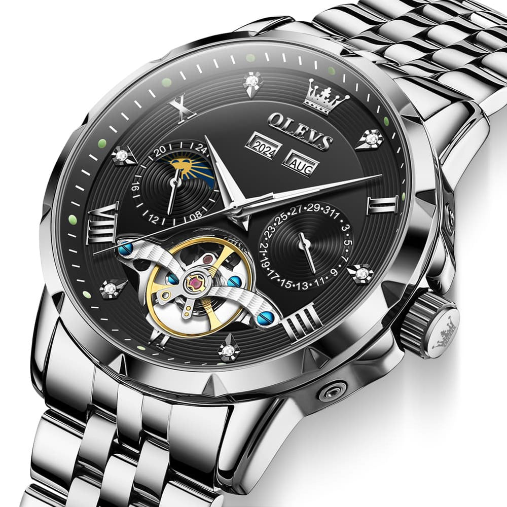 OLEVS 6691 Automatic Moon Phase Skeleton Steel Watch for Men - All Black Watch | Olevs Watch Store
