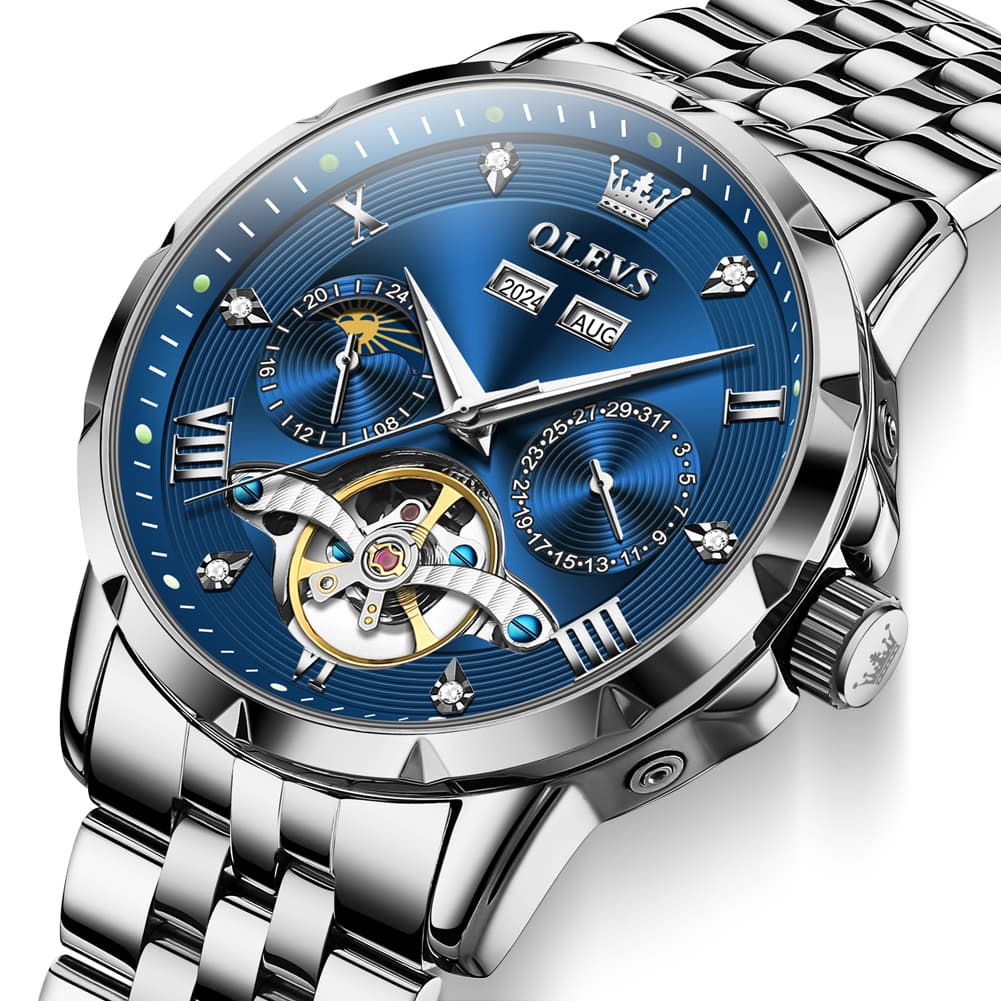OLEVS 6691 Automatic Moon Phase Skeleton Steel Watch for Men - All Black Watch | Olevs Watch Store