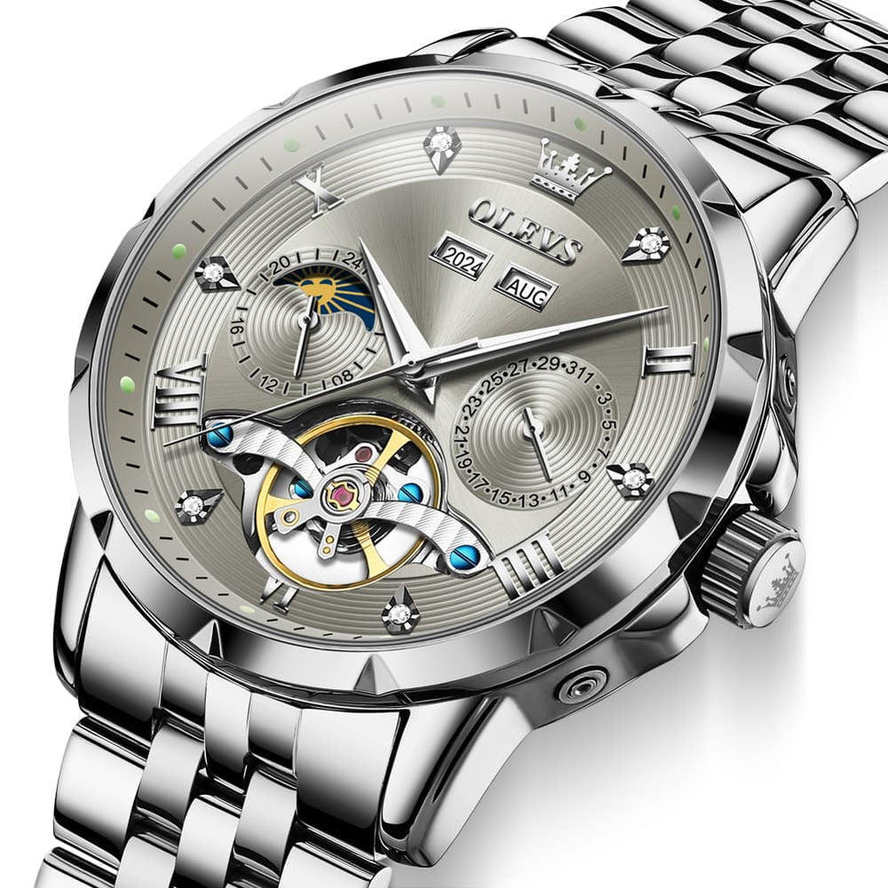 OLEVS 6691 Automatic Moon Phase Skeleton Steel Watch for Men - All Black Watch | Olevs Watch Store